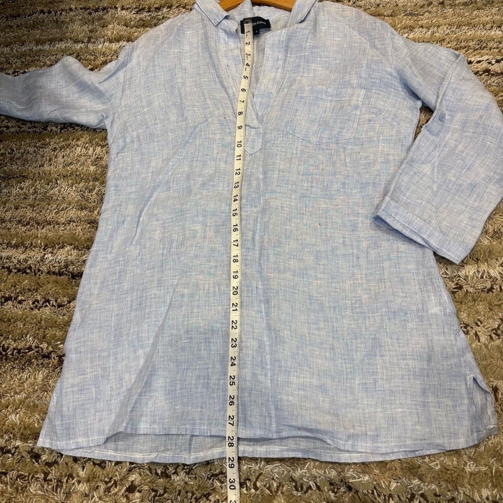 French Curve Linen shirt dress Small Tunic Cover up Blue Long Roll Tab Sleeves - Picture 11 of 12